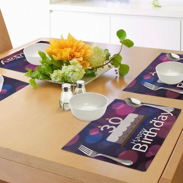 Abakuhaus 30° Compleanno Tovagliette, Figura Grafica Per Torta Con Candeline Su Sfondo Bokeh Astratto, Decorazioni Da Tavola In Tessuto Resistente Al Lavaggio Per Sala Da Pranzo E Cucina, Blu Navy Bianco Rosa-image