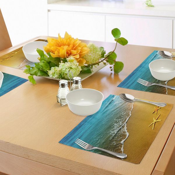Tovagliette Abakuhaus, Stampa Con Motivo Tropicale Isola-Spiaggia-Caraibi-Atlantico, Tiscjdeco In Tessuto Resistente Ai Colori Per La Sala Da Pranzo E La Cucina, Azzurro E Calendula-image