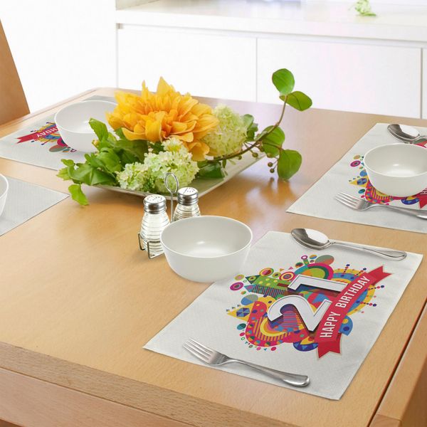 Abakuhaus 21° Compleanno Tovagliette, Tema "Buon Compleanno"" Con Disegno Colorato E Stampa Geometrica A Forma Di Castello, Decorazioni Da Tavola In Tessuto Resistente Al Lavaggio Per La Sala Da Pranzo E La Cucina, Multicolore"-image