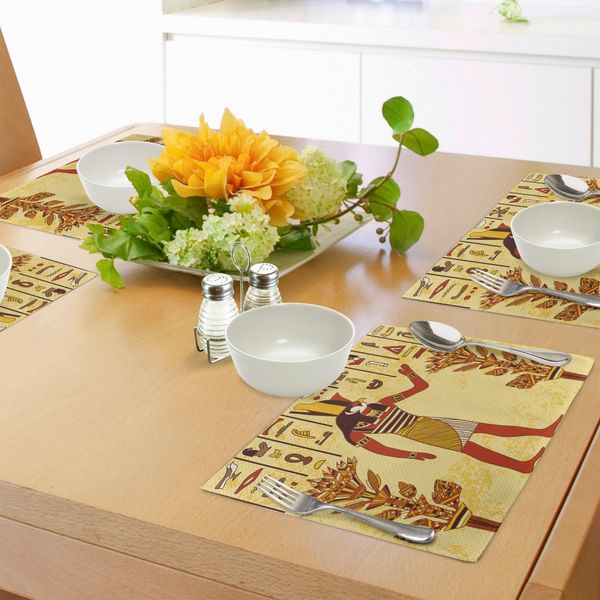 Abakuhaus Tovagliette Etniche, Antico Geroglifico Egizio Con Grafica Papiro Retrò Mitologica Del Faraone, Tiscjdeco In Tessuto Resistente Al Colore Per La Sala Da Pranzo E La Cucina, Giallo Chiaro Calendula Rosso-image