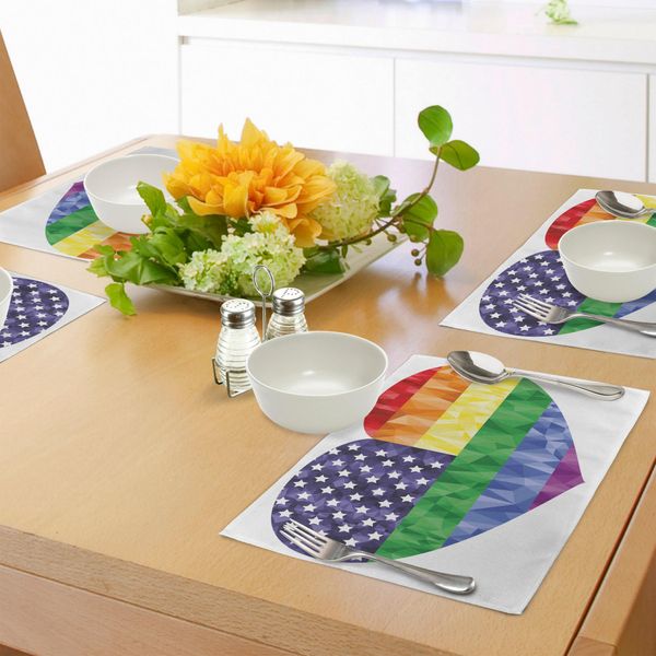 Abakuhaus Tovagliette Stolz, Grande Forma A Cuore E Bandiera Americana Arcobaleno Con Effetti Artistici Low Poly Gay Rights, Tessuto Lavabile E Resistente Al Lavaggio Per Sala Da Pranzo E Cucina, Multicolore-image