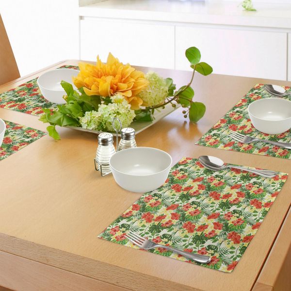 Abakuhaus Tovagliette Tropicali, Motivo Esotico Con Fiori E Foglie Di Plumeria, Ibisco, Monstera E Palma, Tiscjdeco In Tessuto Resistente Al Lavaggio Per La Sala Da Pranzo E La Cucina, Giallo Chiaro, Verde, Rosso-image