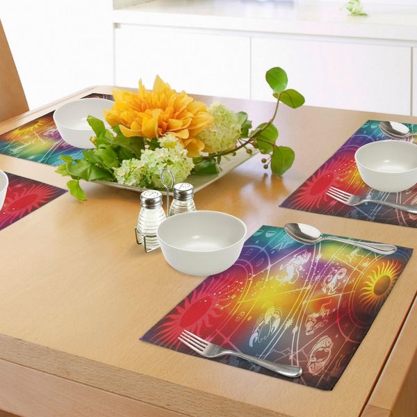 Tovagliette Abakuhaus Astrology, Ombre Rainbow Colored Immagine Astratta Con Simboli Astrologici Sun Shapes Spots, Tiscjdeco In Tessuto Resistente Al Lavaggio Per Sala Da Pranzo E Cucina, Multicolore-image