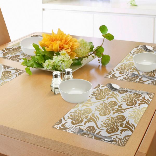 Tovagliette Abakuhaus In Damasco, Stampa Con Motivo Astratto Sfumato E Dettagli Floreali Di Ispirazione Orientale, Decorazioni Da Tavola In Tessuto Resistente Allo Scolorimento Per La Sala Da Pranzo E La Cucina, Giallo Chiaro E Caramello.-image