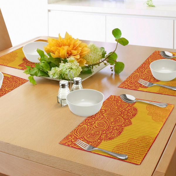 Abakuhaus Tovagliette Etniche, Motivo Floreale Astratto, Cornice Decorativa, Sfondo Grunge, Design Tradizionale, Tiscjdeco In Tessuto Resistente Al Lavaggio Per Sala Da Pranzo E Cucina, Giallo Rosso-image