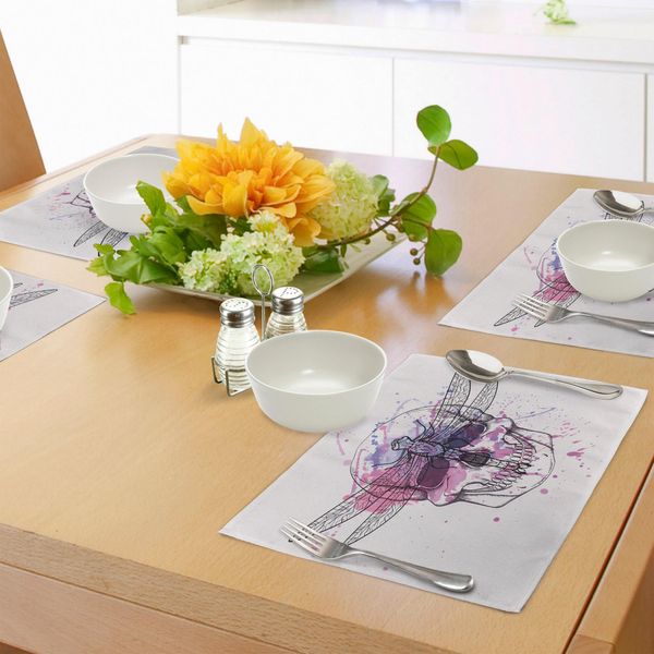 Abakuhaus Tovagliette Con Teschi, Illustrazione Grunge Di Teschi Umani E Libellule Con Spruzzi Di Acquerello, Sottobicchieri In Tessuto Lavabile, Decorazioni Per La Tavola Con Stampa, Viola, Nero, Rosa-image