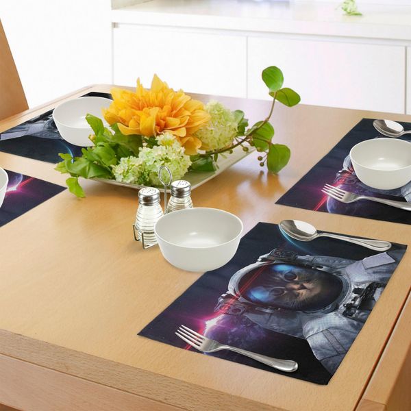 Abakuhaus Tovagliette Raum Katze, Kosmonaut Kitty In Galaxy Kosmos Nebel Sterne Con Eclipse Image, Tiscjdeco In Tessuto Resistente Al Lavaggio Per La Sala Da Pranzo E La Cucina, Blu Scuro, Bianco E Nero-image