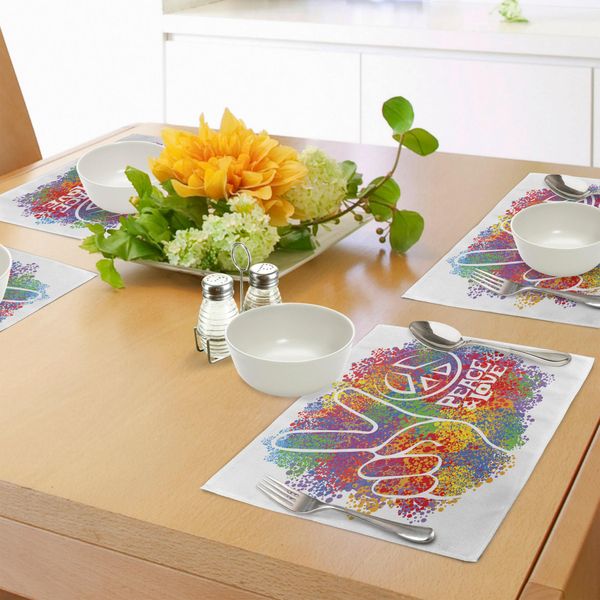 Abakuhaus Tovagliette Anni '70, Simbolo Hippie Della Pace E Dell'amore E Segno Delle Due Dita Pacifiste. Design Colorato, Tovagliette In Tessuto Resistente Ai Colori Per La Sala Da Pranzo E La Cucina, Multicolore.-image