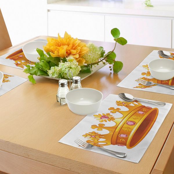 Abakuhaus Tovagliette Regina, Corona Con Gemma Rosa Pallido Raffigurante Una Caricatura Di Un Antico Simbolo Nobiliare, Tiscjdeco In Tessuto Resistente Ai Colori Per La Sala Da Pranzo E La Cucina, Arancione E Rosa Cipria-image