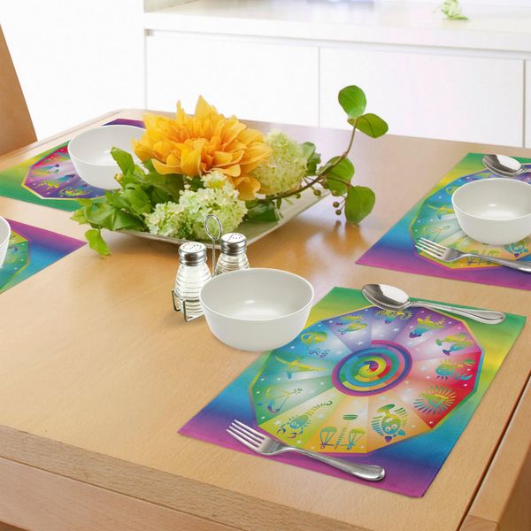 Tovagliette Abakuhaus Astrology, Stile Hippie Etnico, Sfondo Arcobaleno Con Stelle E Immagini Dei Segni Zodiacali, Tiscjdeco In Tessuto Resistente Al Lavaggio Per La Sala Da Pranzo E La Cucina, Multicolore-image