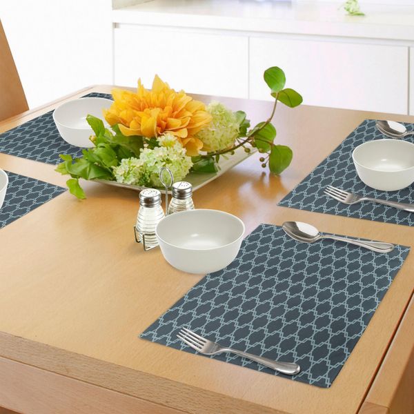 Tovagliette Abakuhaus Quatrefoil, Stile Marocchino Con Motivi Orientali, Design Antico Con Piastrelle, Tiscjdeco In Tessuto Resistente Al Colore Per La Sala Da Pranzo E La Cucina, Blu-Grigio E Azzurro-image