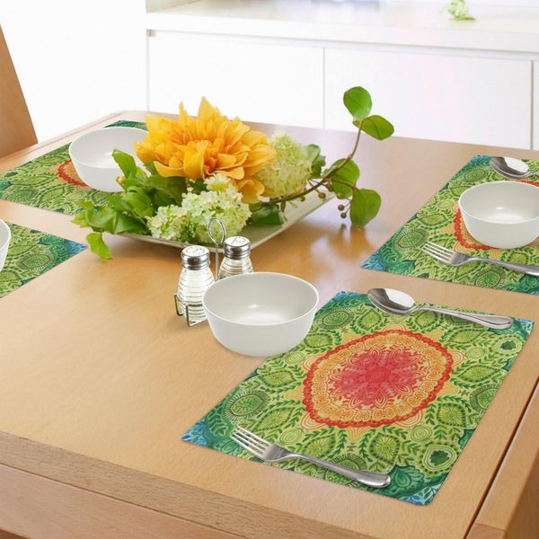 Abakuhaus Tovagliette Etniche, Design Mandala Tie Dye Con Fiori, Ispirate Ai Bambini, Tiscjdeco In Tessuto Resistente Al Lavaggio Per La Sala Da Pranzo E La Cucina, Giallo, Verde, Blu E Rosso-image
