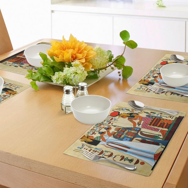 Tovagliette Abakuhaus Retro, Design Papiro Con Elementi Della Storia Dell'antico Egitto, Illustrazione Artistica Antica, Tiscjdeco In Tessuto Resistente Al Colore Per La Sala Da Pranzo E La Cucina, Multicolore-image