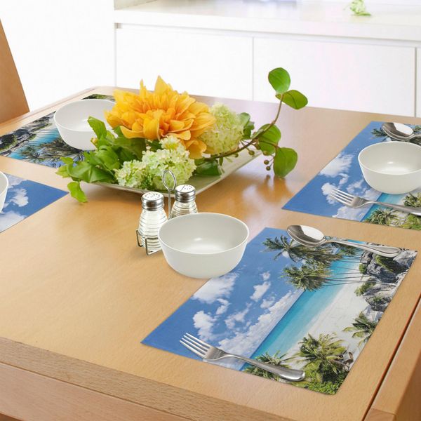 Tovagliette Estive Abakuhaus, Bottom Bay Barbados Beach Palme Tropicali Ocean Holiday Paradise Coast Charm Immagine, Tiscjdeco In Tessuto Resistente Ai Colori Per La Sala Da Pranzo E La Cucina, Multicolore-image