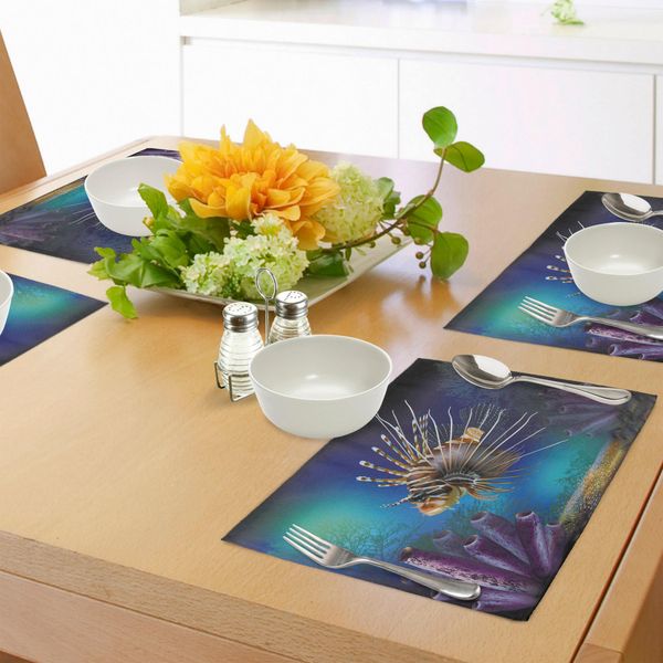 Tovagliette Abakuhaus Ocean, Illustrazione Con Tema Marino: Mondo Sottomarino, Pesci Esotici Con Bolle E Piante Acquatiche, Decorazione Da Tavola In Tessuto Resistente Al Lavaggio Per Sala Da Pranzo E Cucina, Viola Marrone Blu-image