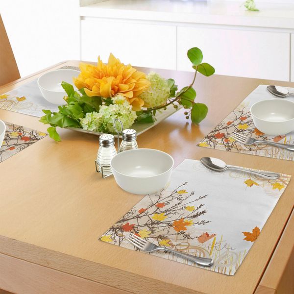 Tovagliette Abakuhaus Natur, Foglie D'acero Autunnali Rami In Autunno Toni Terrosi Sbiaditi Stampa Artistica Boschiva, Tiscjdeco In Tessuto Resistente Al Lavaggio Per La Sala Da Pranzo E La Cucina, Arancione Giallo Marrone Chiaro-image