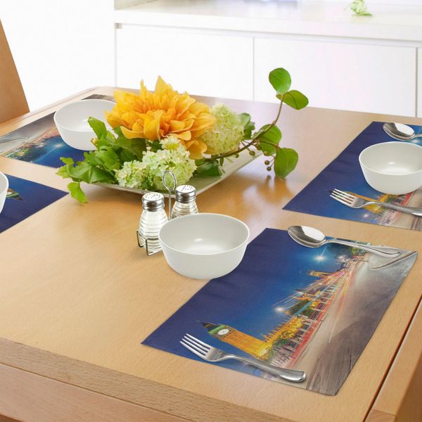Abakuhaus Tovagliette Urbane, Vista Notturna Del Big Ben E Del Palazzo Di Westminster - Parliament Square, Londra, Inghilterra, Tiscjdeco In Tessuto Resistente Al Lavaggio Per La Sala Da Pranzo E La Cucina, Giallo Blu-image