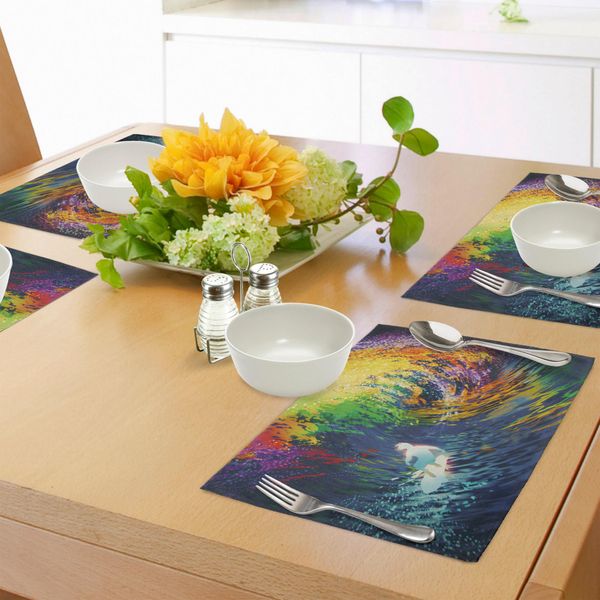 Abakuhaus Tovagliette Moderne, Surfista Esotico Tra Le Onde Del Mare Con Effetti Digitali, Grafica Sportiva E Hobby, Tiscjdeco In Tessuto Resistente Al Lavaggio Per La Sala Da Pranzo E La Cucina, Multicolore-image