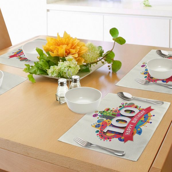 Abakuhaus 100° Compleanno Tovagliette, Stampa Digitale Astratta Geometrica Con Forma Di Castello, Barche E Festa Di Compleanno, Decorazioni Da Tavola In Tessuto Resistente Al Lavaggio Per La Sala Da Pranzo E La Cucina, Multicolore-image