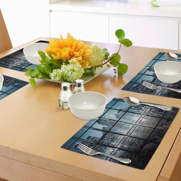 Abakuhaus Tovagliette Moderne, Paesaggio Notturno Di New York City Con Grattacieli, Tiscjdeco In Tessuto Resistente Al Lavaggio Per Sala Da Pranzo E Cucina, Blu Scuro E Nero-image