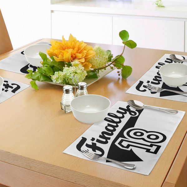 Abakuhaus 18° Compleanno Tovagliette, Finalmente Diciotto Citazione Logo Basket Icona Immagine Sportiva, Tiscjdeco In Tessuto Resistente Al Lavaggio Per La Sala Da Pranzo E La Cucina, Bianco E Nero-image