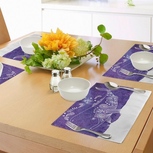 Tovagliette Abakuhaus Wal, Balena Acquerellata Con Fiori E Cuori Dettagli Stampa Grafica Marinara, Decorazione Da Tavola In Tessuto Resistente Al Lavaggio Per Sala Da Pranzo E Cucina, Viola Bianco-image