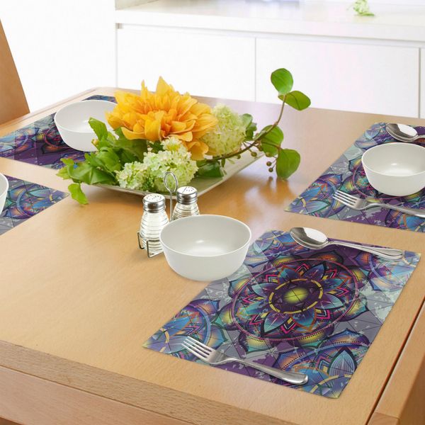 Tovagliette Abakuhaus Lotus, Sfondo Psichedelico E Surreale Con Mandala Di Geometria Sacra E Stampa Dall'effetto Futuristico, Tovaglietta Decorativa In Tessuto Resistente Al Lavaggio Per La Sala Da Pranzo E La Cucina, Multicolore-image