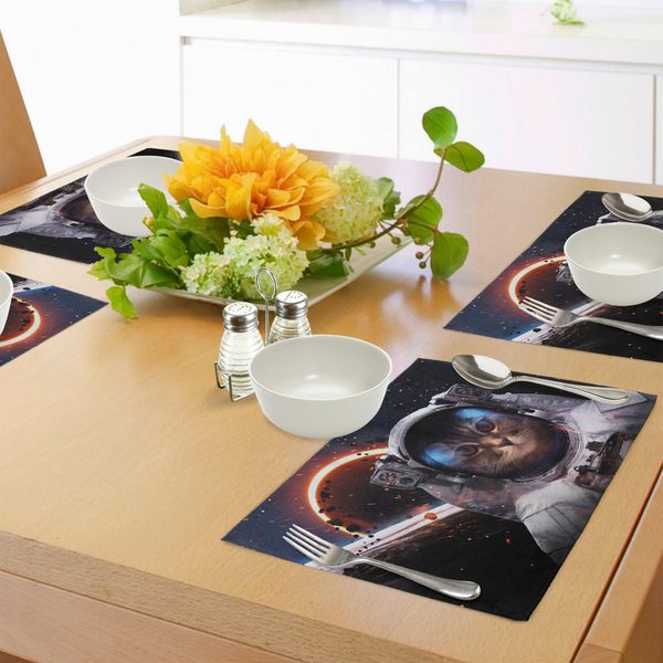 Abakuhaus Tovagliette Space Cat, Cosmonauta In Gruppi Di Comete E Galassie Nello Spazio Cosmico, Stampa Artistica, Tiscjdeco In Tessuto Resistente Ai Colori Per La Sala Da Pranzo E La Cucina, Blu Scuro, Bianco E Nero-image