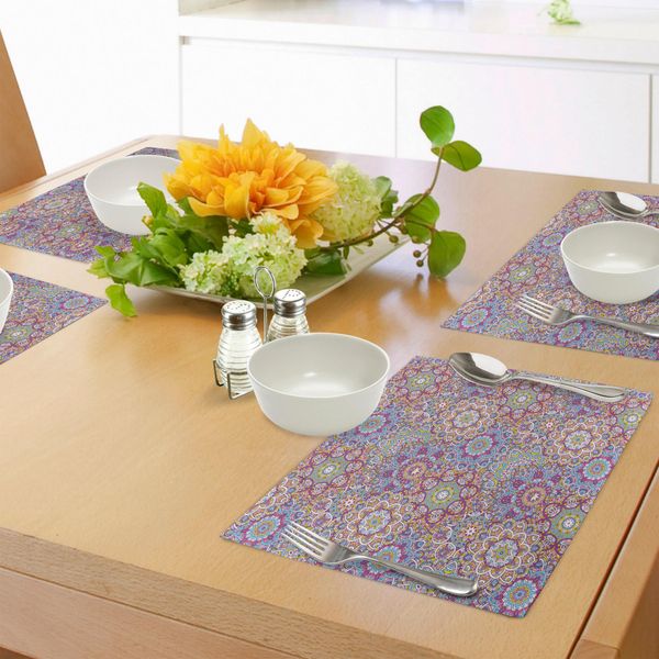 Tovagliette Abakuhaus Lotus, Motivo Mandala Con Cerchi Floreali Folk Misti, Fiorellini Orientali Colorati, Design Artistico, Tovaglietta Decorativa In Tessuto Resistente Al Lavaggio Per Sala Da Pranzo E Cucina, Multicolore-image