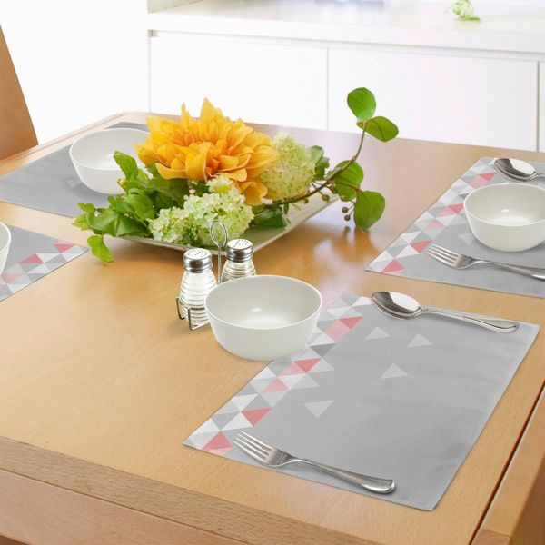 Abakuhaus Tovagliette Astratte, Triangoli Geometrici Stile Poligonale Forme Simmetriche Moderne Stile Pattern, Tiscjdeco In Tessuto Resistente Al Lavaggio Per La Sala Da Pranzo E La Cucina, Rosa Chiaro Rosso Corallo Grigio-image
