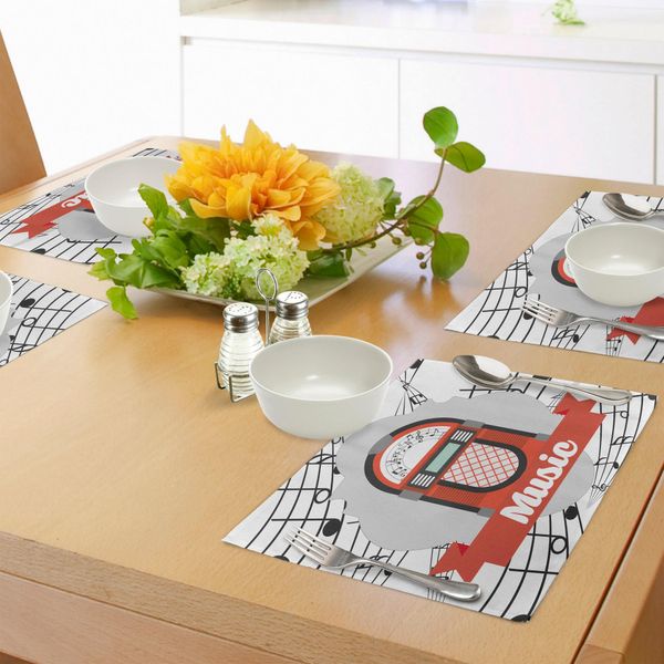 Tovagliette Abakuhaus Music Box, Immagine Caricaturale Di Una Vecchia Radio Vintage Con Stampa Grafica Annotata, Tiscjdeco In Tessuto Resistente Al Colore Per La Sala Da Pranzo E La Cucina, Grigio Chiaro Arancione Nero-image