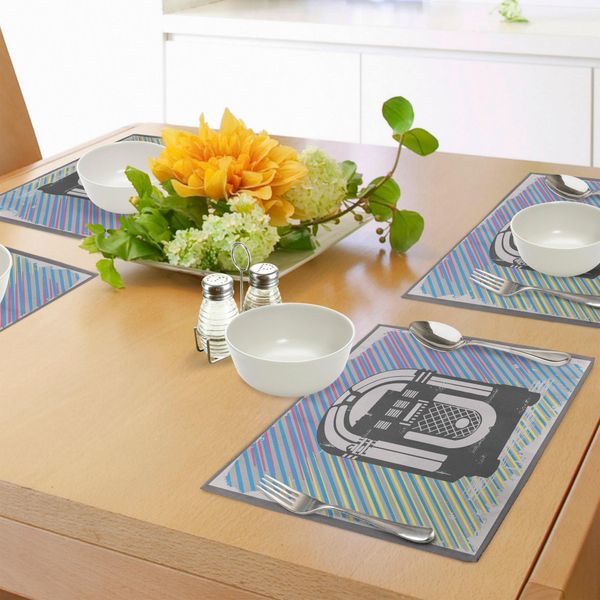 Tovagliette Abakuhaus Musikbox, Radio Party Dark Grey Vintage Carillon Con Immagine Astratta Grunge A Strisce Colorate, Tiscjdeco In Tessuto Resistente Al Lavaggio Per Sala Da Pranzo E Cucina, Multicolore-image