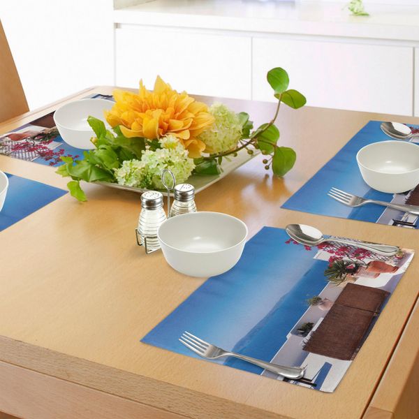 Abakuhaus Tovagliette Moderne, Vista Del Mediterraneo - Santorini Mar Egeo Paesaggio Marino Opera D'arte Natalizia, Tiscjdeco In Tessuto Resistente Al Lavaggio Per La Sala Da Pranzo E La Cucina, Grigio Chiaro, Azzurro E Rosso-image