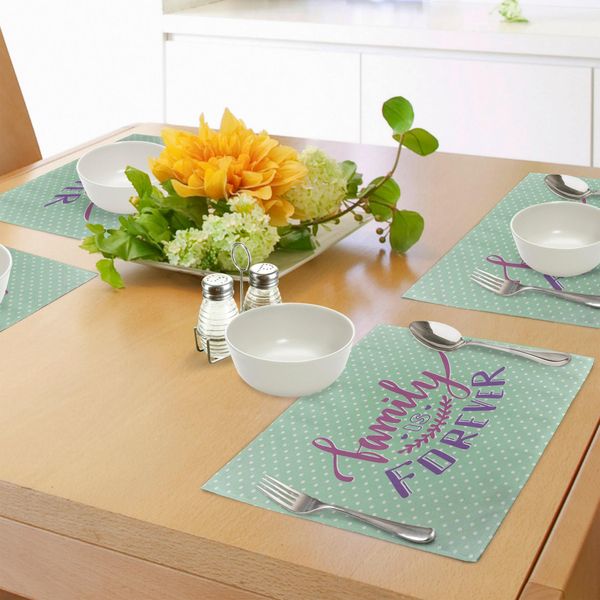 Tovagliette Abakuhaus Family, Classico Sfondo A Pois Con Citazione Creativa Sulla Famiglia, Decorazione Da Tavola In Tessuto Resistente Al Lavaggio Per La Sala Da Pranzo E La Cucina, Verde Menta Viola Lilla-image