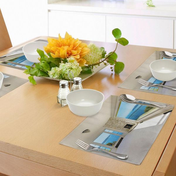 Abakuhaus Tovagliette Moderne, Design Ispirato Alle Case Delle Star Di Hollywood Con Motivi Naturali Oceanici E Forestali, Tiscjdeco In Tessuto Resistente Al Lavaggio Per Sala Da Pranzo E Cucina, Bianco E Blu-image