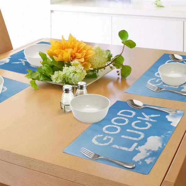 Abakuhaus Tovagliette Per Festa D'addio, Buona Fortuna Messaggio Nel Cielo Con Nuvole Bianche Desiderio Stampato Su Tela, Tiscjdeco In Tessuto Resistente Al Lavaggio Per Sala Da Pranzo E Cucina, Azzurro Bianco-image
