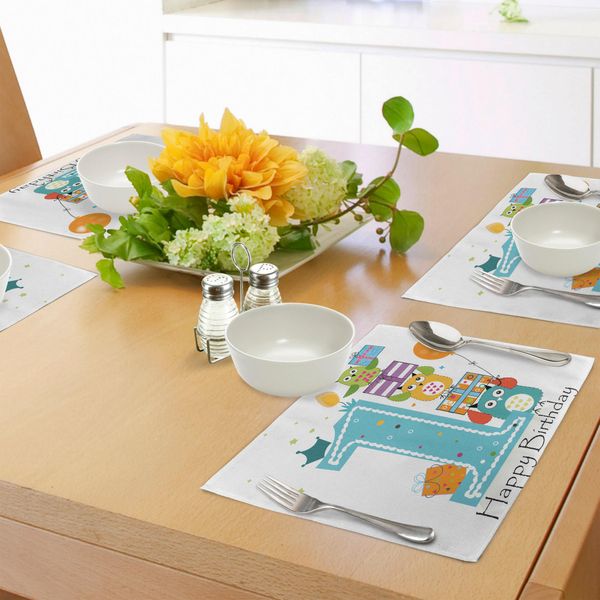 Abakuhaus Tovagliette Per Il Primo Compleanno, Prima Torta Con Candeline - Famiglia Di Gufi Con Stampa A Tema Festa, Decorazioni Da Tavola In Tessuto Resistente Al Lavaggio Per La Sala Da Pranzo E La Cucina, Azzurro, Arancione E Verde-image