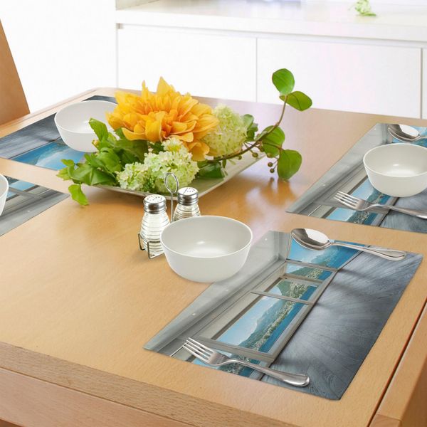 Abakuhaus Tovagliette Paesaggio, Casa Vuota Con Vista Mare E Foto Foresta, Tiscjdeco In Tessuto Resistente Al Colore Per Sala Da Pranzo E Cucina, Bianco E Blu-image