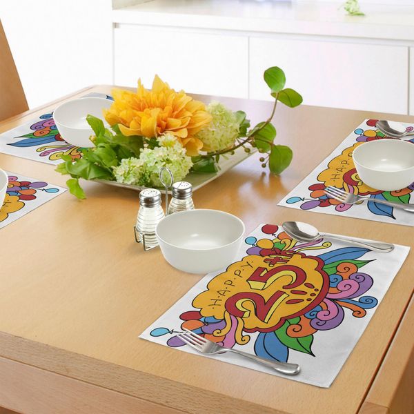 Abakuhaus 25° Compleanno Tovagliette, Stile Cartone Animato Composizione Con Dettagli Floreali E Palloncini Stampati, Decorazioni Da Tavola In Tessuto Resistente Al Lavaggio Per La Sala Da Pranzo E La Cucina, Multicolore-image
