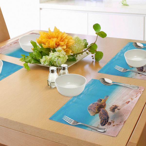Tovagliette Abakuhaus Tartaruga, Tartaruga Marina Verde Hawaiana Che Nuota Nelle Calde Acque Dell'oceano Pacifico, Tessuto Lavabile E Resistente Allo Scolorimento Per Sala Da Pranzo E Cucina, Color Cannella E Acquamarina.-image