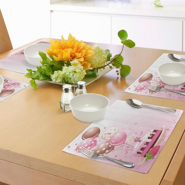Tovagliette Abakuhaus Per Compleanni, Fetta Di Torta Rosa Fragola, Candeline, Palloncini A Pois E Coriandoli, Decorazioni Per La Tavola In Tessuto Resistente Ai Colori Per La Sala Da Pranzo E La Cucina, Crema Rosa Tan.-image