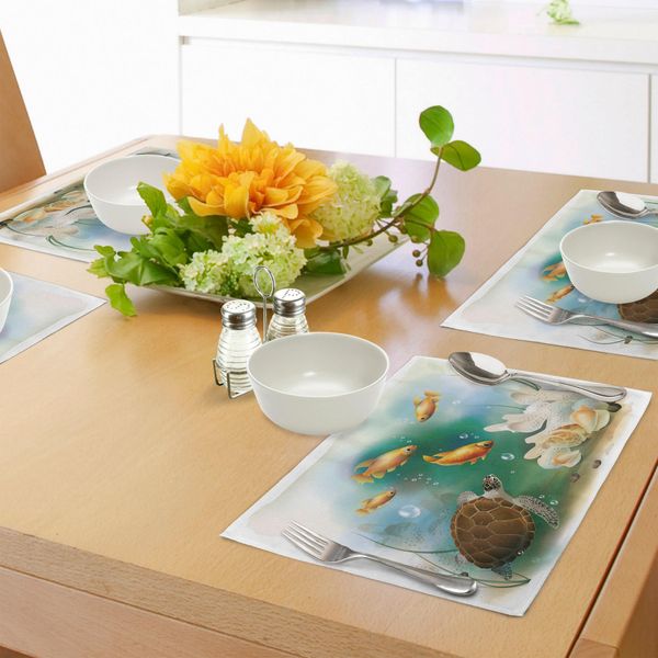 Tovagliette Abakuhaus Tartaruga, Illustrazioni Artistiche Della Vita Oceanica, Acquario, Animali Tropicali, Pesci Rossi E Conchiglie, Tiscjdeco In Tessuto Resistente Al Lavaggio Per La Sala Da Pranzo E La Cucina, Multicolore-image