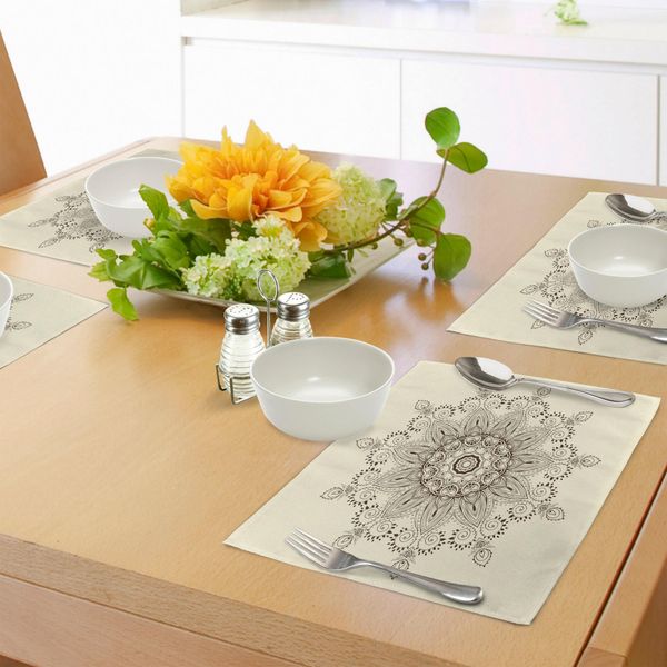 Tovagliette Abakuhaus Lotus, Arabesque Mandala Simbolo Rituale Universo Unità Della Vita Shabby Chic Motivo Etnico, Tiscjdeco In Tessuto Resistente Al Lavaggio Per La Sala Da Pranzo E La Cucina, Sigillo Marrone Crema-image