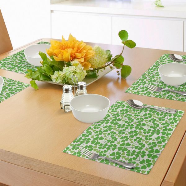 Tovagliette Irlandesi Abakuhaus, Tema Gaelico Giardino Naturale Primavera Trifoglio Con Grazioso Cuore Fresco, Decorazione Da Tavola In Tessuto Resistente Al Lavaggio Per Sala Da Pranzo E Cucina, Verde Lime Bianco-image