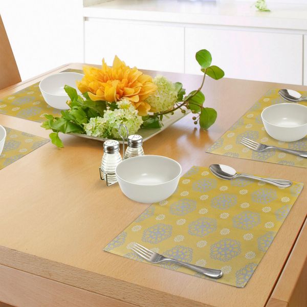 Abakuhaus Tovagliette Grigie E Gialle, Stampa Artistica Retrò Vintage BohéMien Con Motivi Floreali Swilrs, Tiscjdeco In Tessuto Resistente Ai Colori Per La Sala Da Pranzo E La Cucina, Blu Grigio Calendula E Bianco-image