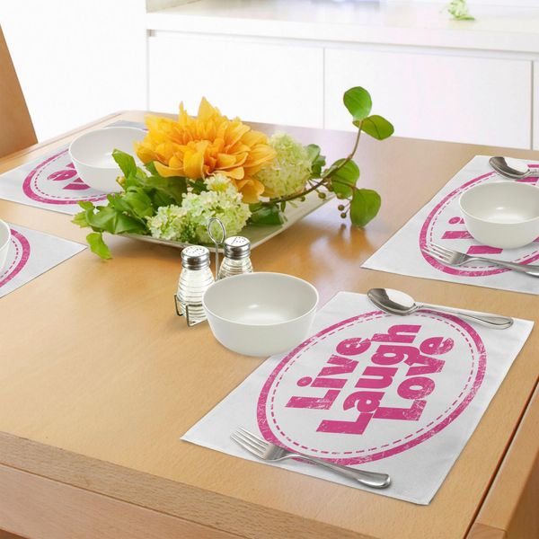 Abakuhaus Tovagliette "Vivi, Ridi, Ama"", Motivo Motivazionale, Stile Di Vita, Stampa, Graziosa Illustrazione In Stile Grunge Retrò, Decorazione Da Tavolo In Tessuto Resistente Al Lavaggio Per Sala Da Pranzo E Cucina, Rosa E Bianco."-image