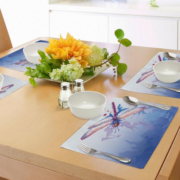 Tovagliette Abakuhaus Libelle, Disegno Colorato Con Falene Viola E Stampa Astratta Grunge Blu Sfumato, Tovaglietta Decorativa In Tessuto Resistente Ai Colori Per La Sala Da Pranzo E La Cucina, Multicolore-image