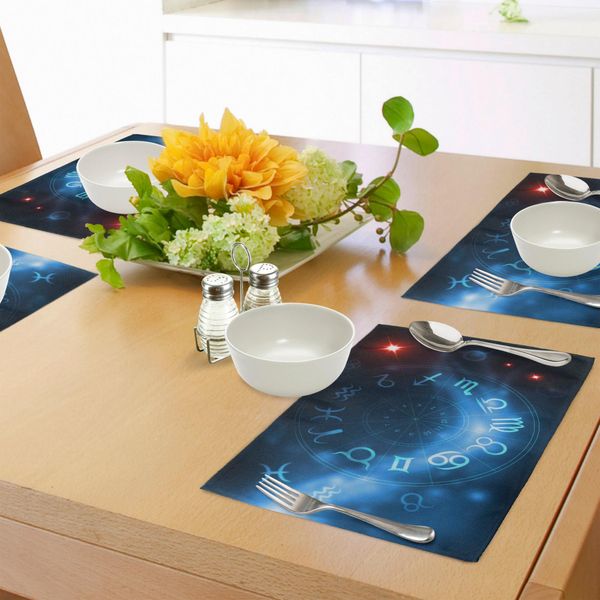 Abakuhaus Tovagliette Astrologiche, Segni Zodiacali Vergine-Scorpione-Sagittario Con Sfondo Astratto, Tiscjdeco In Tessuto Resistente Al Lavaggio Per La Sala Da Pranzo E La Cucina, Bianco, Blu E Rosso-image