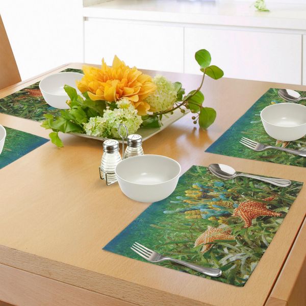 Tovagliette Abakuhaus A Forma Di Stella Marina, Underwater Marine Life Con Spugne Colorate E Stelle Marine Circondate Da Alghe Marine, Tiscjdeco In Tessuto Resistente Al Lavaggio Per La Sala Da Pranzo E La Cucina, Multicolore-image