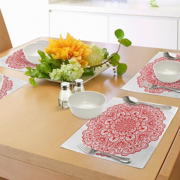Abakuhaus Tovagliette Mandala Rosse, Motivi Ispirati Al Pizzo Arabesco, Tema Della Natura In Fiore, Curve Ornate E Volute, Tiscjdeco In Tessuto Resistente Al Lavaggio Per La Sala Da Pranzo E La Cucina, Arancione-image